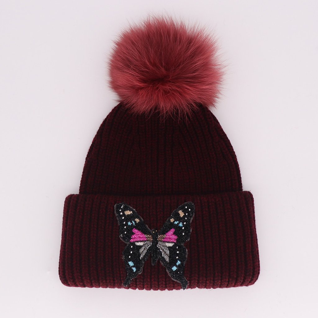 Nwt - Yves Salomon Butterfly Knit Pom Beanie - Red